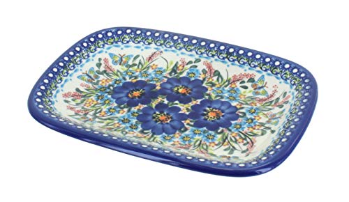 Blue Rose Polish Pottery - Garden of Blue Small Rectangular Serving Platter - 9.75" x 7" - Unique Platter for Dinner Parties, Very Durable & Dishwasher Safe