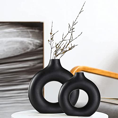 Ceramic Vases Set of 2, Modern Black Round Vase Rustic Home Decor, Donut Ceramic Design Apply to Living Room Kitchen Mantle Bedroom Dining Table Office Black Decor - color: Black, size: Big + Super Big