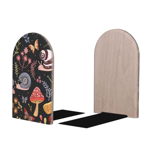 Decorative Bookends 2 Pcs Colored Autumn Mushroom Butterfly Snails Wood Bookends for Shelves Heavy Books Kids Non-Skid Book Ends Stoppers for Office Desk Kitchen School - color: Colored Autumn Mushroom Butterfly Snails