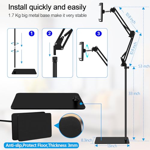 Tablet Floor Stand with Double Weight Base,Overhead Bed Phone Stand Height Adjustable/ Arm Stretchable Tablet Holder, Compatible with 4.5''-13'' iPhone, iPad, Galaxy Tab, Kindle, or Other Phones