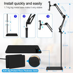Tablet Floor Stand with Double Weight Base,Overhead Bed Phone Stand Height Adjustable/ Arm Stretchable Tablet Holder, Compatible with 4.5''-13'' iPhone, iPad, Galaxy Tab, Kindle, or Other Phones
