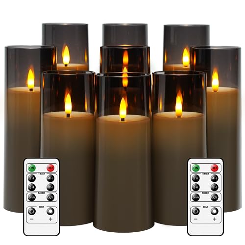 kakoya Flickering Flameless Candles Battery Operated with Remote and 2/4/6/8 H Timer Plexiglass Led Pillar Candles Pack of 9 (D2.3 xH5.5 6.5" 7.5") with Realistic 3D Wick Candles for Home Decor(Grey) - color: Grey-2