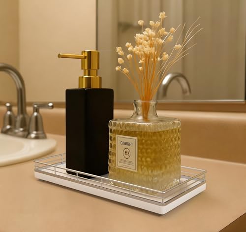Bathroom Vanity Tray for Countertop, 12" x 6" Oak Wood Toilet Tank Tray with Metal Guardrail, Bathroom Organizer for Soap, Perfume & Skincare, Non-Slip Decorative Tray for Dresser, Sliver & White - color: Silver, size: 12" x 6" x 1.5"