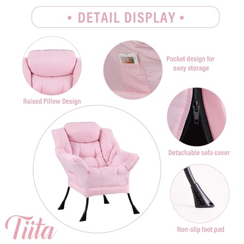 Tiita Lazy Chair with Ottoman, Pink Modern Large Accent Chair, Comfy Leisure Sofa Armchair with Ottoman, Reading Chair with Footrest for Bedroom, Living Room, Dorm Rooms, Pink - color: Peach Skin Pink
