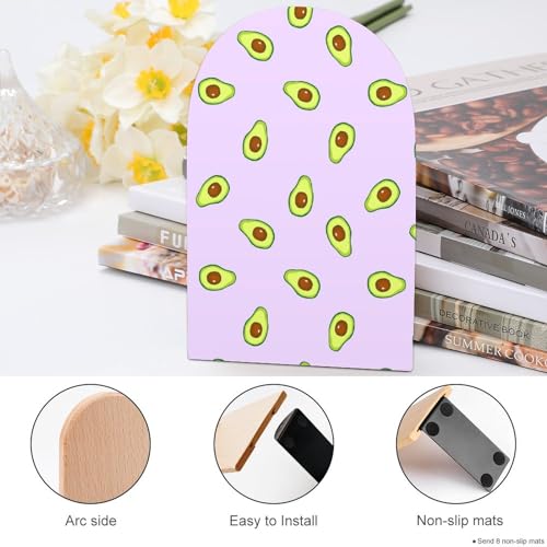 Wooden Bookends 2 Pcs,Avocado Purple Pattern Heavy Duty Office Book Ends Anti Slip Book Shelf Holder with Metal Base Decorative Book Stands - color: Avocado Purple Pattern