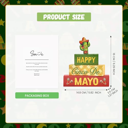 Smile Happy Cinco De Mayo Wooden Block Stack with Cactus Decor, Mexican Fiesta Tiered Tray Tabletop Sign for Cinco De Mayo Party Decorations - style: Cactus