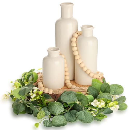 Geelin 6 Pcs Boho Rustic Table Centerpieces, 3 Modern Ceramic Vases, Wooden Slice Tray, Farmhouse Wood Beads Garland with Tassel, Artificial Vines for Dining Home Table Decor(White) - color: White