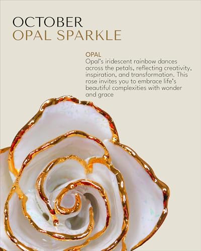 Forever Rose Hand-Dipped in 24K Gold, Opal-Inspired October Birthstone with Sparkles, Real Rose in Luxury Gold Gift Box & Clear Glass Bud Vase – Perfect Ready for October Birthday or Any Occasion - color: October Opal