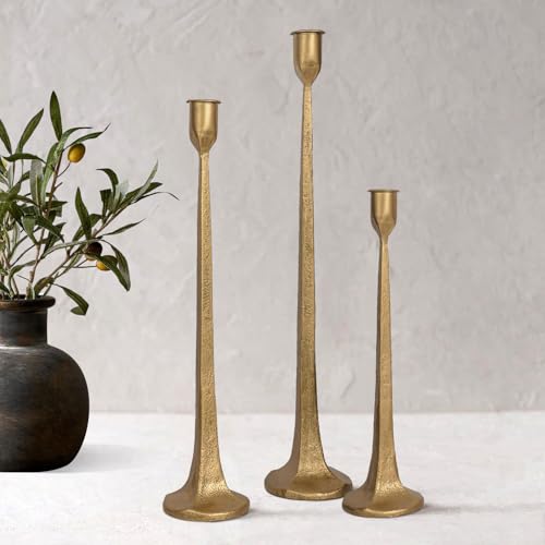 Iron Taper Candle Holder Set of 3 - Decorative Tall Candle Stand, Candlestick Holder for Wedding, Dining Table, Party Decoration (Antique Brass) - color: Antique Brass