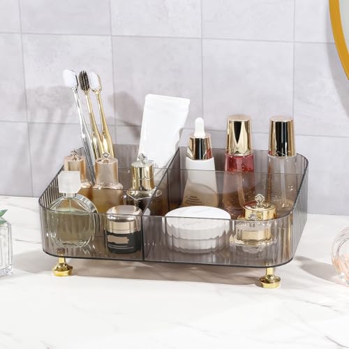 DASITON Makeup Organizer Countertop for Vanity, 5 Slots Makeup Brush Holder Organizer, Vintage Makeup Perfume Tray Cosmetic and Skincare Organizers for Bedroom Bathroom Counter, Desk Storage (Grey) - color: Grey