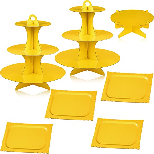 Zopeal 7 Pcs Dessert Table Display Set 3-Tier Cupcake Stand 1-Tier Cup Cake Display Tower Platters and Serving Trays Cardboard Cake Cookie Holders for Wedding Birthday Party Baby Shower(Yellow) - color: Yellow