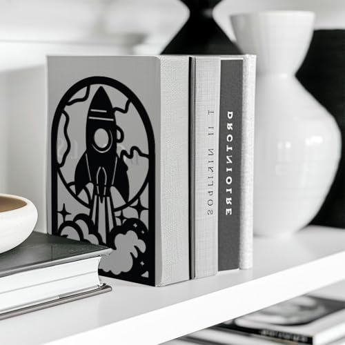 Peacoblue Metal Bookends for Shelves, Modern Decorative Heavy Duty Study Book Support Stoppers for Office, Desk, Shelf, Room 5.3"x4.3"x7.9" Cast Iron Simple Tall Bookends, 1 Pair (Rocket) - style: Rocket