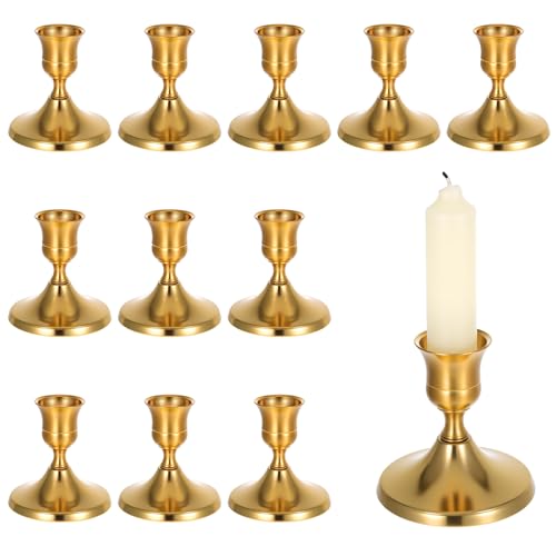 Gold Taper Candle Holder Set of 12,Vintage Small Low Brass Candlestick Holders,Short Skinny Candle Stick Holders for Dinner Room Table Centerpiece or Mantel Wedding Party Decor