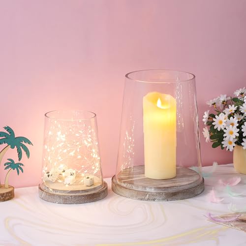 Set of 2 Glass Hurricane Candle Holders with Handmade Sturdy Glass Sleeves and Shabby Brown Wood Base for Pillar Candle & Plants, Industrial, Farmhouse, Display Cloche Bell Jars, Table Centerpiece - color: Rustic Brown, size: Set of 2