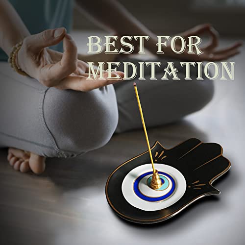 Ceramic Hamsa Hand Incense Holder - 2 in 1 Brass Incense Holder for Sticks and Coil Incense- Zen Decor with Hand of Fatima Design Protection from Evil - 6.2" L X 4.5" W (Blackeye) - color: Blackeye