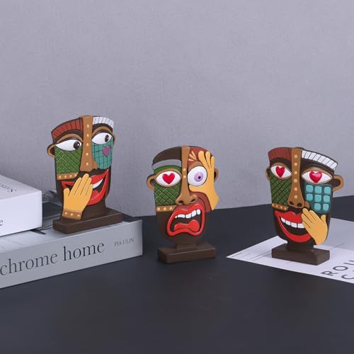 XINGYAN Abstract Resin Face Statues Set of 3–Handmade Modern African Art Sculpture Decor, Creative Weird Art Room Decor for Contemporary Shelf & TV Stand–Small Modern Decorative Items (Set A)