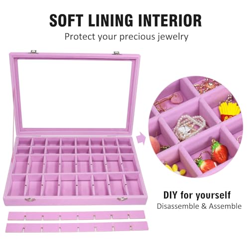 Vicoter Velvet Jewelry Tray 48 Compartments Jewelry Display Organizer with Transparent Cover Rings, Earrings, Necklaces, Pendants Storage Box for Girls, Wives, Mothers, Women - color: Pink, size: 48 Grid