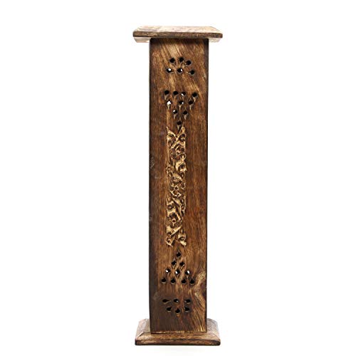 Hosley Hand-Carved Wooden Incense Stick Holder Tower – Tall Decorative Burner Box with Hinged Door for Aromatherapy, Meditation, Yoga, Home & Office Décor (Includes 20 Incense Sticks) - color: Brown