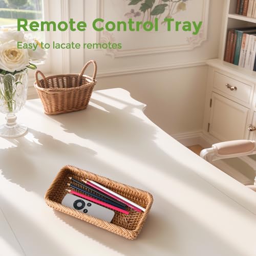 Small Rattan Serving Tray, Natural Wicker Decorative Tray for Trinket Ring Cosmetic, Rectangular Keys Basket Jewelry Perfume Trays for Coffee Table Entryway Living Room(10" × 5.1") - style: S (10" × 5.1")