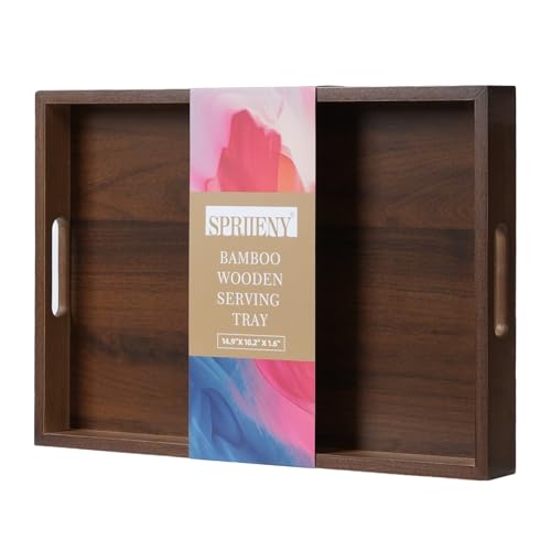 14.9''x10.2''x1.57'' Bamboo Wooden Tray with Handles, Rectangular Natural Solid Wood, Walnut Dark Brown Color Serving Tray.Suitable for Kitchen,Bedroom,Breakfast,Coffee,Decorative,Party Bars. - size: 14.9" x 10.2" x 1.6"