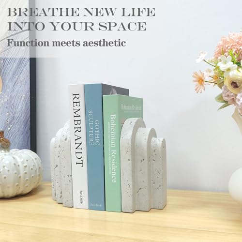 Decorative Book Ends for Shelves - Boho Aesthetic Bookends Decor - Heavy Duty Travertine Book Stopper Holder for Home Office Desk Coffee Table (Grey) - color: Gray