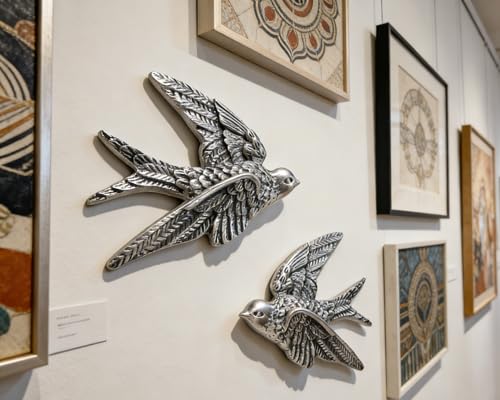 AMOIENSIS Bird Wall Sculpture Art, (Set of 2) 4¾ inch Resin Metallic Silver Bird 3D Sculpted Floating Hanging Wall Sculpture Decoration - color: Metallic Silver