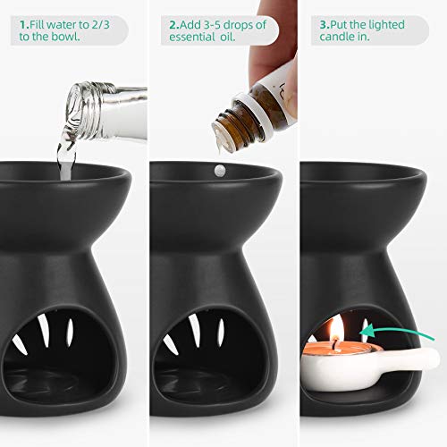 ComSaf Essential Oil Burner Wax Melt Burners Set of 2, Aromatherapy Aroma Burner Ceramic Oil Diffuser Candle Tealight Holder Home Bedroom Decor Christmas Housewarming Gift, Black - color: Black