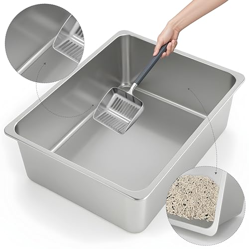 Kirecoo Stainless Steel Cat Litter Box - Metal High Sided Cat Pan, Large Stainless Steel Box, Indoor Litter Tray, Non Stick, No Smell, Easy to Clean, Pet Toilet Supplies for Kitten, Kitty, Rabbit - size: 17.52" L x 13.58" W x 5.9" H