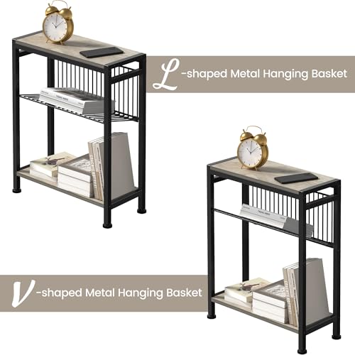 Small Side Table Set of 2 for Small Space, 3-Tier Narrow End Table with Magazine Holder, Slim Nightstand, Skinny Snack Couch Table in Living Room, Bedroom, Kitchen and Balcony (Greige) - color: Greige-2pcs