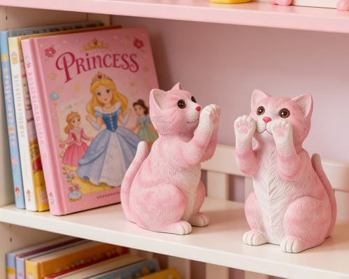 Cute Cat Bookends for Shelves, Heavy Duty Bookends, Decorative Bookends for Kids Books, Non-Skid Design, Pink Cat Statue Enthusiasts Gifts - color: Pink