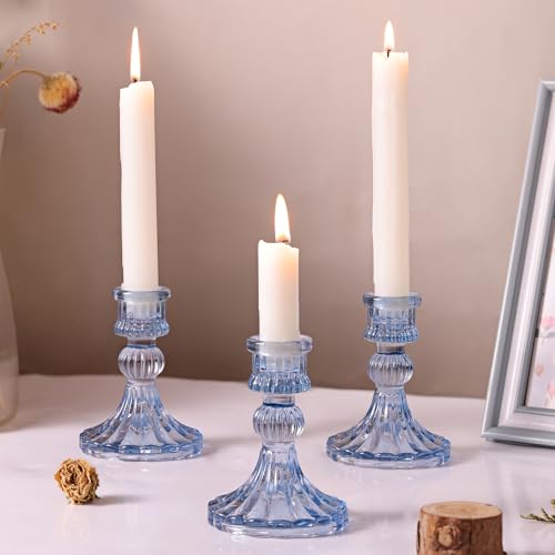 DARJEN 12PCS Blue Candlestick Holders Set- 4" H Taper Candle Holders, Glass Candle Holders Bulk for Wedding, Party, Home Table Centerpieces, Festival Gifts & Windowsill Decor - color: Blue Striped Pattern