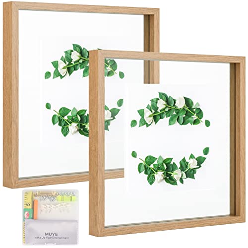 MUYE 10x10 Floating Frame Set of 2,Double Glass Square Photo Frame,Display Any Size Photo up to 10x10,Wall Mount or Tabletop Standing,Natural - color: Natural, size: 10x10