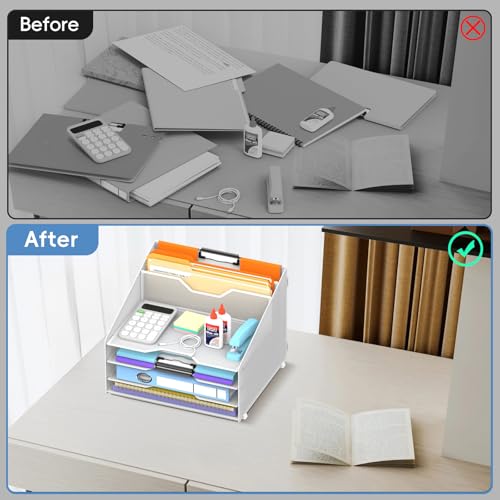 Desk File Organizer, Paper Organizer with 4 Letter Trays and 2 Vertical Upright Sections, Desk Organizers and Accessories for Office, School, Home (White) - color: White