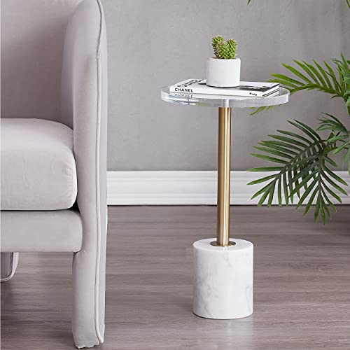 LIKENOW Furniture Acrylic Side Table,Clear Small Round End Table for Living Room,Bedroom,Office | Modern Nightstand with Marble Base,Gold Post,Clear Top for Drink,Food,Snack,Assembly(White) - color: Whtie