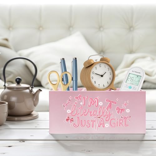 I'm Literally Just A Girl Makeup Brush Toothbrush Holder, Trendy Pink Coquette Bow Wooden Pen Pencil Holder Organizer for Dorm Bedroom Desk Accessories, Back to School Gifts for Girls - color: Color-Desk accessories pink 17