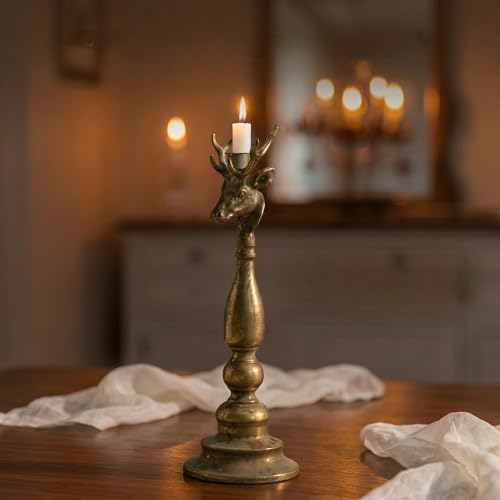 Antique Brass Reindeer Candle Holder - Vintage Gold Deer Head Taper Candlestick Holder - Rustic Farmhouse Christmas Table Decor Centerpiece - Solid Metal Holiday Home Decoration