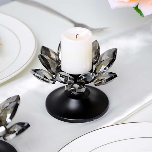 1 PC Black Crystal Flower Tea Light Holder, Glass Tealight Candlestick with Metal Base, Votive Candle for Table Centerpiece, Wedding/Parties Decor, Nice Gift - color: Black