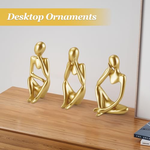 3PCS Gold Thinker Statues Home Decor, Resin Abstract Trendy Art Sculpture, Modern Aesthetic Collectible Figurines Display for Home Office Bedrooms Shelf Table Desktop Decoration