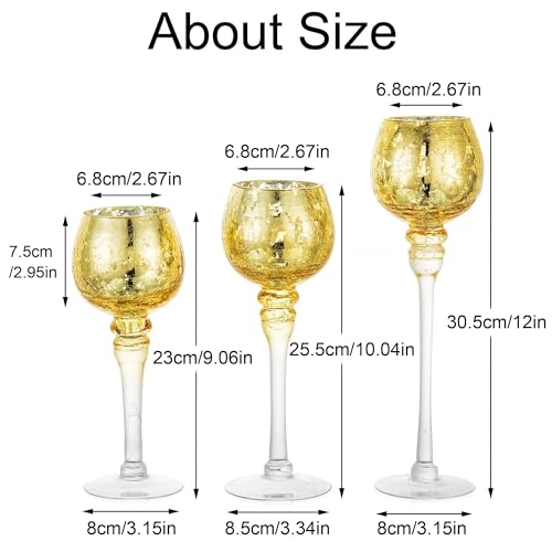 Glass Tealight Candle Holder: Gold Mercury Votive Holders 9/10/12 Inch Tall Long Setm Floating Candle Holders for Christmas Dining Table Centerpiece Wedding Party Set of 3 - color: Gold