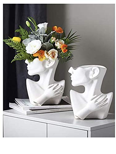 Ceramics Statue Flower Vase Face Pots Bust Head Shaped for Birthday Gifts Home Office Decoration (White) - color: White