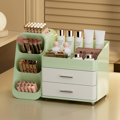 Booklov Makeup Organizer for Vanity, Large Capacity Cosmetic Display Case with Drawers, Countertop Beauty Storage Holder for Skincare, Brush Eyeliner Eyeshadow Lipsticks, Counter Desk, Cream Green - color: Green & Cream, size: L01