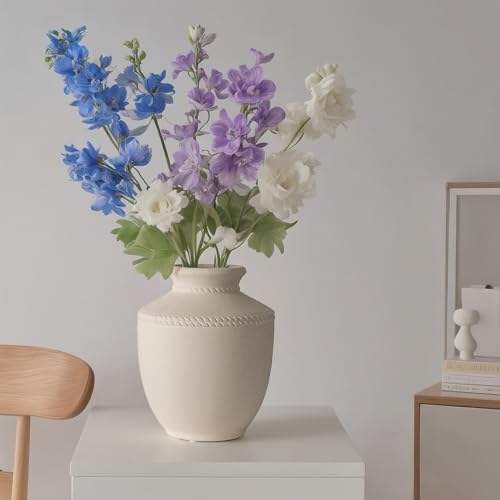 Farmhouse Ceramic Vase for Living Room Bedroom White 7.45'' Flower Bouquet Vase for Fake Plant Home Decor Office Fireplace Centerpieces Rustic Retro Vintage Modern Gift Decoration - color: White