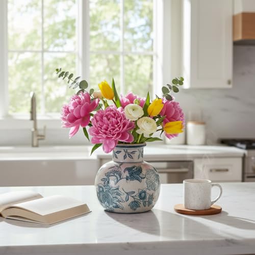 SIDUCAL Blue and White Vintage Vase | 6 Inch Ceramic Chinoiserie Floral | Retro Ice Cracked Blue and White Porcelain Vase for Table, Living Room, Bathroom Decoration, Wedding, Shelf Decor, Mantel - color: 18795-blue and White
