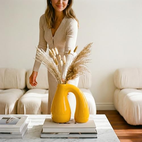 Yellow Ceramic Vase for Modern Home Decor, 7.5" Sculptural U-Shape Pitcher Vase with Arch Handle, Small Aesthetic Flower Vase for Pampas Grass, Dried Flowers, Shelf Entryway Table Decor – PROBENEX - color: Yellow