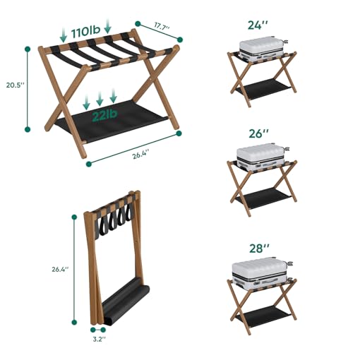 Smuxee Walnut Bamboo Luggage Rack Pack of 2, Foldable Suitcase Stand with Storage Shelf, Easily Assembled Luggage Stand with 5 Nylon-Straps for Guest Room Hotel Bedroom - color: Walnut 2PCS