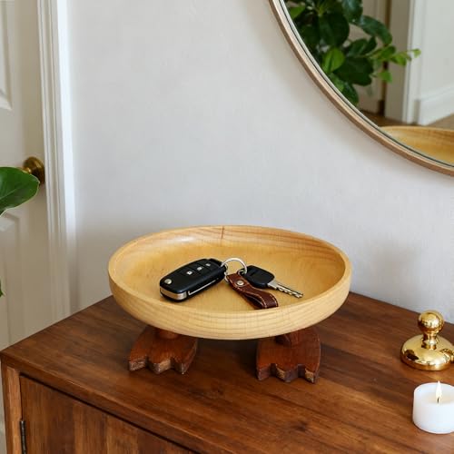 Wood Key Bowl for Entryway Table, Key Tray, Jewelry Tray, Valet Tray with 2 Cute Duck Feet, for Rings, Coins, Bracelets Watches - size: Round