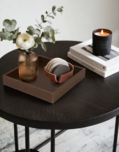 HofferRuffer Faux Leather Vanity Tray, Elegant Desktop Storage Organizer, Decorative Catchall for Perfume, Bathroom Valet, Nightstand or Dresser, 10 x 10 x 1.8 inches (Brown) - color: Brown, size: 10" x 10" x 1.8"