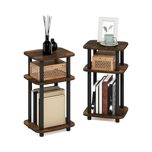 Furinno JUST Side Table Set of 2, 3-Tier Turn-N-Tube End Table with Open Shelf, Round Curve Corner Night Stand, Bedside Table, Easy Assembly, for Living Room, Bedroom, Amber Pine - color: Amber Pine, size: 2-Pack, Plastic Frame, 3-Tier