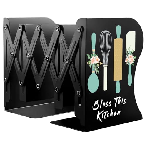 Cookbook bookends, Kitchen bookends, Adjustable Metal Book Ends for Shelves Decorative Unique Design for Heavy Books,Non-Skid Book Holder for Kitchen Housewarming Cooking Lover Gifts (Black 2) - color: Black 2