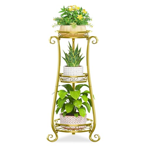 KMOTASUO 3 Tier Metal Plant Stand for Multiple Large Planters Indoor Outdoor Organizer, Heavy Duty Tall Flower Rack for Corner Patio Bathroom Office Corner, Modern Sturdy Vertical Iron Rack, Gold - color: Gold, size: 3 Tier